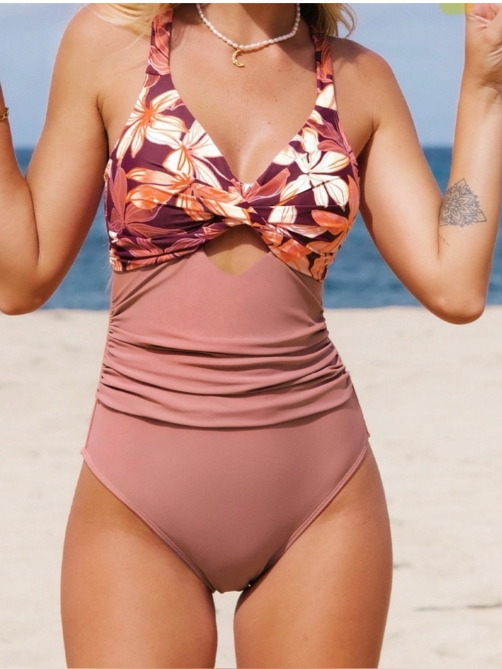 NWT Cupshe One Piece Swimsuit Twisted Floral Cutout Maroon Pink Orange Large